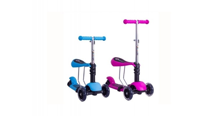 Trotineta pentru copii AliBibi 2 in 1 cu scaunel, cosulet buburuza si roti luminoase, albastra