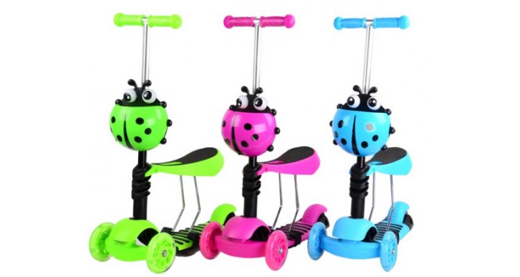 Trotineta pentru copii AliBibi 2 in 1 cu scaunel, cosulet buburuza si roti luminoase, albastra