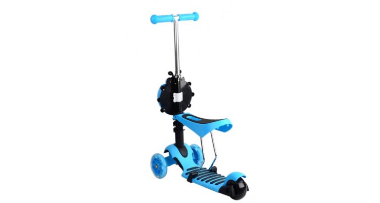 Trotineta pentru copii AliBibi 2 in 1 cu scaunel, cosulet buburuza si roti luminoase, albastra