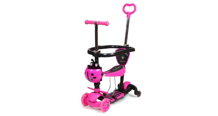 Trotineta pentru copii AliBibi 2 in 1 cu scaunel, cosulet buburuza si roti luminoase, verde