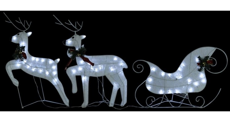 Decor de Craciun cu reni si sanie, 60 LED-uri, alb, exterior