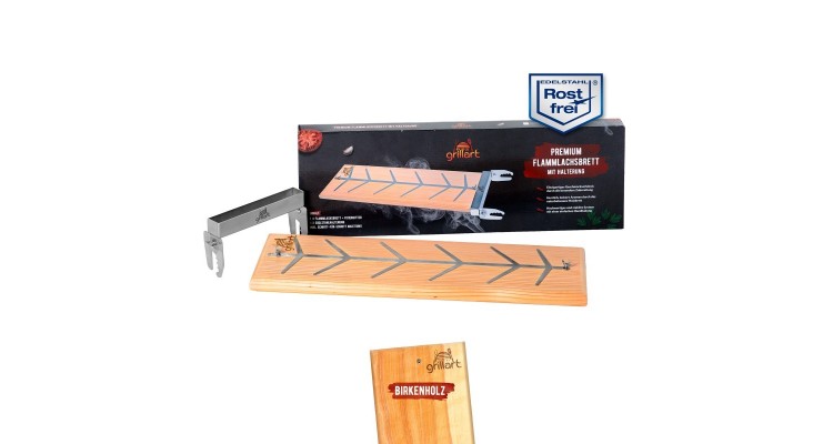 Placa premium pentru somon afumat din lemn de mesteacan, 18x55x2,5 cm, cu suport din otel inoxidabil Grillart GA-1024-2