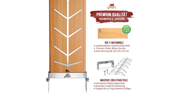 Placa premium pentru somon afumat din lemn de mesteacan, 18x55x2,5 cm, cu suport din otel inoxidabil Grillart GA-1024-2