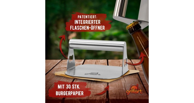 Presa pentru burger premium din otel inoxidabil si 30 hartii de burger Grillart GA-1035