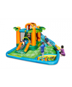 Saltea gonflabila oasis 7 in 1, cu loc de joaca cu bile, tun cu apa, spatiu de catarat, doua tobogane, 30 bile plastic inlcuse