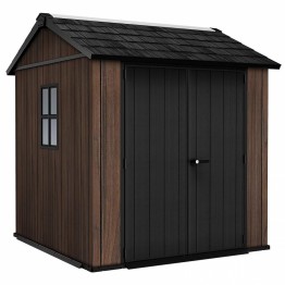 Magazie de gradina Keter Apex 7 x 7.5, plastic Decocoat, cu podea inclusa, nuc