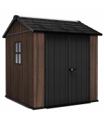 Magazie de gradina Keter Apex 7 x 7.5, plastic Decocoat, cu podea inclusa, nuc