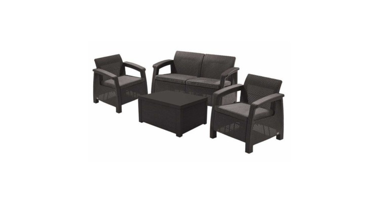 Set mobilier gradina Keter Corfu II Duo Box 4 persoane, canapea cu fotolii si masa cu depozitare, grafit gri rece