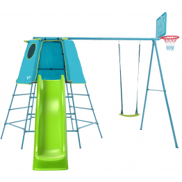 Set TP Explorer albastru cu cadru metalic de catarare, leagan si tobogan