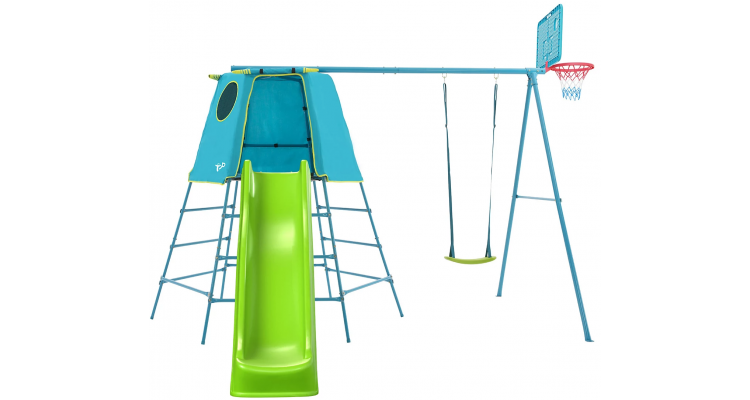 Set TP Explorer albastru cu cadru metalic de catarare, leagan si tobogan