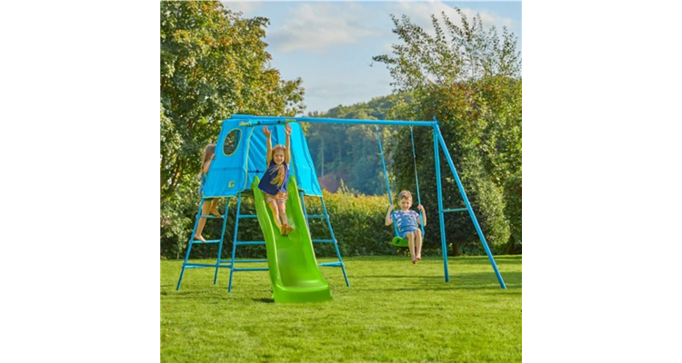 Set TP Explorer albastru cu cadru metalic de catarare, leagan si tobogan