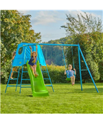 Set TP Explorer albastru cu cadru metalic de catarare, leagan si tobogan