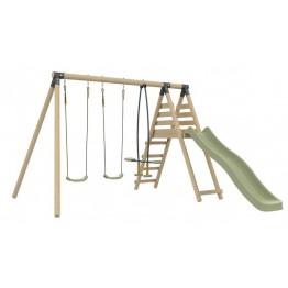Set Leagan triplu copii Tp Toys Barbouzet din lemn masiv rotund, set cu 3 leagane si topogan 220 cm incluse