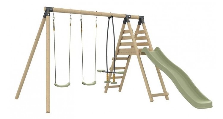 Set Leagan triplu copii Tp Toys Barbouzet din lemn masiv rotund, set cu 3 leagane si topogan 220 cm incluse