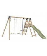 Set Leagan triplu copii Tp Toys Barbouzet din lemn masiv rotund, set cu 3 leagane si topogan 220 cm incluse