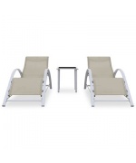 Sezlonguri de plaja, 2 buc., cu masa, crem, aluminiu